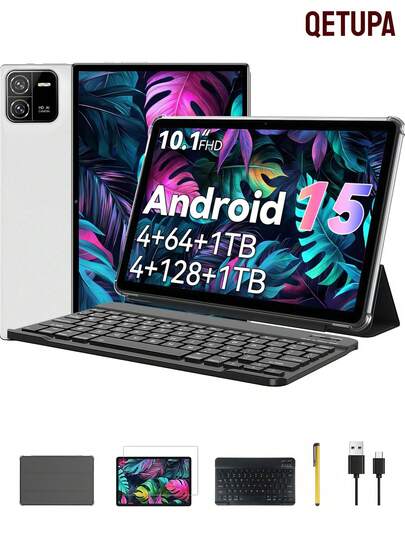 10.1英寸安卓15平板电脑，4GB RAM+64GB ROM，RK3562八核2.0GHz处理器，高清(1280x800) IPS触摸屏，5MP前置摄像头和13MP后置摄像头，6000mAh电池，802.11ac WIFI5 2.4G+5G，蓝牙5.2，GPS，不支持SIM卡，可用于阅读和游戏。