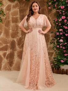 女士大码时尚优雅网纱亮片花卉刺绣贴花新娘母亲礼服晚礼服婚礼宾客正式长款派对礼服，适合正式晚宴、生日派对、婚礼、毕业舞会、春夏秋季、情人节等场合。 - 杏色 - 查看 3