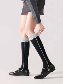 1/2 Perechi Șosete până la coapsă cu dantelă pentru femei, jambiere subțiri cu buline drăguțe, șosete versatile Lolita la modă pentru toamnă/iarnă - Multicolor - Vizualizare 2