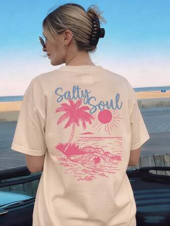 SALTY SOUL 女士春夏新款海滨度假椰树阳光印花日常休闲圆领短袖T恤，时尚穿搭，您的日常度假必备单品。女士度假装扮印花T恤