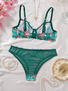 Bộ đồ lót gợi cảm 2 món Style Dream dành cho nữ, họa tiết hoa màu xanh lá cây, phong cách đồng quê lãng mạn, dễ thương - Bao gồm áo ngực và quần lót. - màu xanh lá - Xem 2