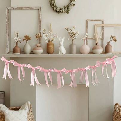 1pc Pink & White Bow Party Decorative Banner, Bow Wreath Decor, Suitable For Party, Holiday, Birthday, Wedding, Engagement, Fireplace, Wall Decoration