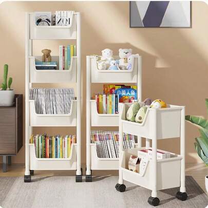 Compact Rolling Storage Rack, Multi-Tier Floor Toy Storage Organizer, Home Wheeled Kids Bedroom Bookshelf, Mobile Storage Unit - White Plastic Multi-Tier Rolling Storage Rack, Suitable For Living Room, Bedroom Or Dorm - Great For Organizing Books.