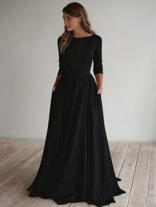Solid Color Elegant Knit Fabric Zipper Pleated Wedding Dress Black Spring - Black - View 3