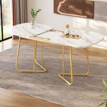 White Extendable Dining Table With Marble Structure, Gold-Plated Metal Table Legs, Extendable Dining Table 140/180*80 Cm, Exquisite Luxury Style, White Rectangular Dining Table, Suitable For 4-6 People - Marble - View 4