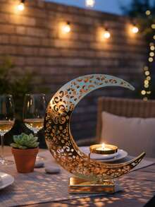 1pc/1Set Metal Hollow-Out Large Moon Candlestick/Ramadan Lantern/Candle Holder/Candlestick Holders/Windproof Glass Candle Holders.It Can Also Be Used As An Ornament And Incense Burner.