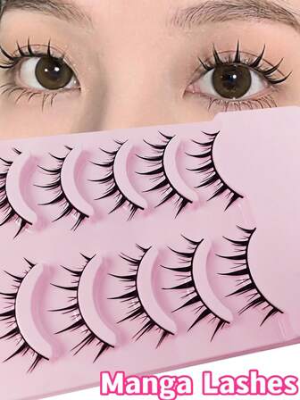 5 Pairs Manga Lashes 3D Natural False Lashes Soft Cross Thick Wispy Natural Look Faux Mink Lashes
