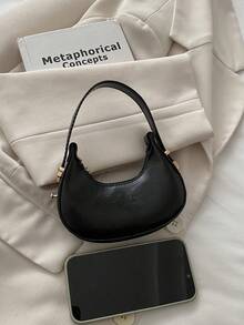 Mini Cute Solid Color Handbag For Women, Fashionable High-Quality Lightweight Crescent Shaped Shoulder Bag - Black - View 5
