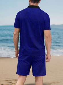 男士字母印花拉链Polo衫和抽绳短裤套装，休闲日常穿搭 - 彩色 - 查看 4