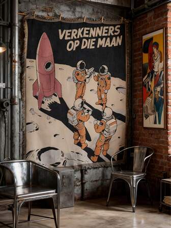 American Comic Style Moon Landing Wall Tapestry For Bedroom,Double-Sided Woven Throw Blanket With Tassel 180x130cm - Decorative Wall Art For Home Room, Multi-Function Shawl For Sofa Bed Camping Tablecloth Carpet