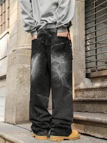 男士黑色水洗宽松直筒牛仔裤，Y2K街头风美式休闲阔腿牛仔裤，四季皆宜长裤，适合送给男友或丈夫 - 黑色 - 查看 4