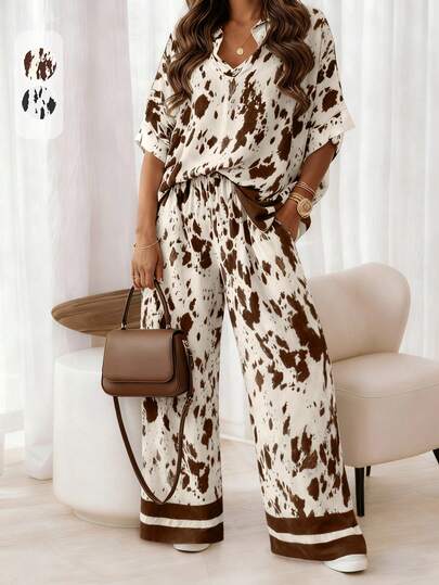 2pcs Women's Printed Color Block Short Sleeve Shirt + Pants Set, Spring/Summer