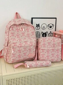 3件套尼龙蝴蝶结印花背包，可折叠多口袋大容量防水拉链背包，适合青少年、高中生、大学生、女生日常使用、通勤、旅行，情人节礼物