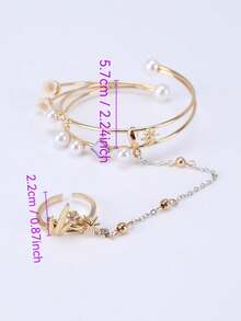 1件双层仿珍珠海星女士手镯，时尚个性化星空百合花手链戒指套装 - 金色 - 查看 7