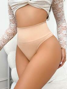 Women's Ribbed High-Waist Shaping Panties, Wide-Waist Thong, Tummy Control Shapewear, One-Piece Shaping Underwear - Apricot - View 3