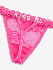 1pc Customized Crystal Letter Sexy Lace Personalized Name G-String Bikini Thong Lingerie T-Back, Gift For Girlfriend, Wife, Valentine's Day, Christmas, Halloween, Thanksgiving, Birthday - Hot Pink - View 3