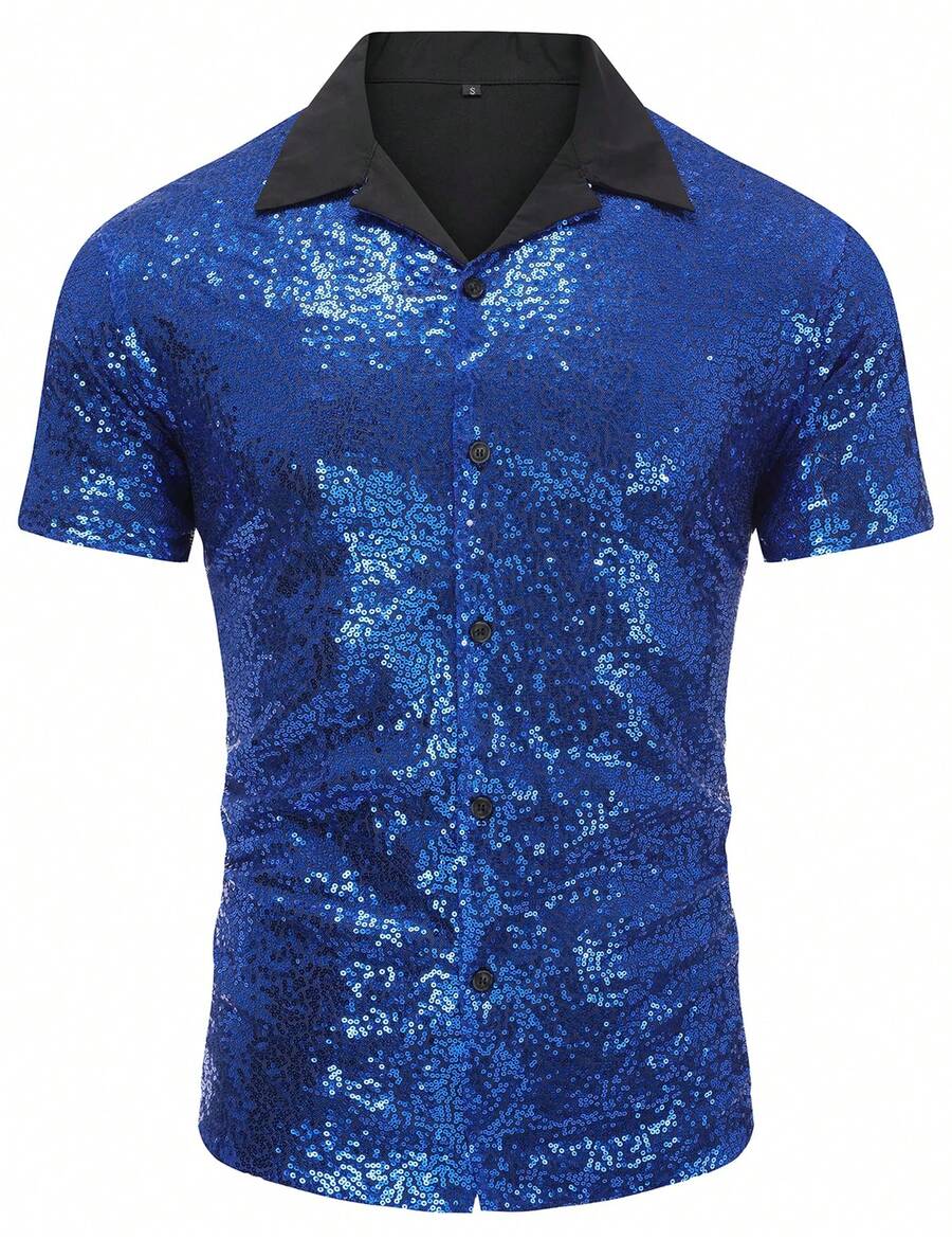 Men's Sequin Shirt 70s Costume Nightclub Party Short Sleeve Sparkle Disco Shirts - 藍色 - 查看 1