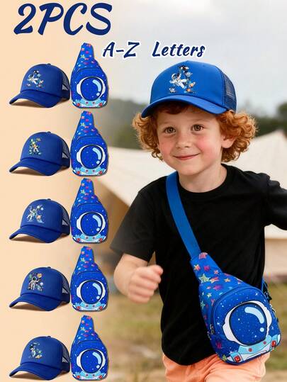 2pcs Kids Blue Space Planet Astronaut Letter Graphic Truck Driver Cap Set, 26 Alphabet Personalized, Fashionable Sci-Fi Childlike Breathable Perforated Design Baseball Cap, Compact Lightweight Versatile With Storage, Suitable For Boys & Girls Outdoor, Casual, School, Ideal Birthday & Holiday Gift