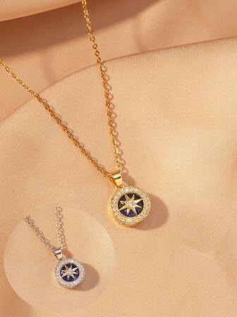 1pc Exquisite Creative Sparkling Zirconia Octagram Pendant Necklace, Elegant Stainless Steel Clavicle Necklace, Gift For Friends