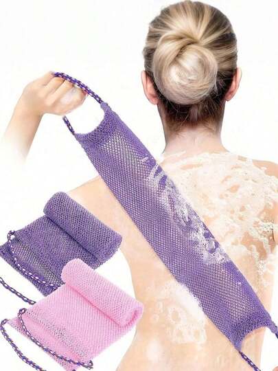 African Mesh Exfoliating Back Long Net Bath Scrub Towel Set,Double-Sided For Gentle,Rough Exfoliation, Effective Body Scrub, Back Scrubber For Shower Use,Premium Mesh Material, Convenient Strap Towel Design, Loofah Towel, Body Sponge For Smooth Skin,Great For Daily Use(Blue, Purple) XQL2