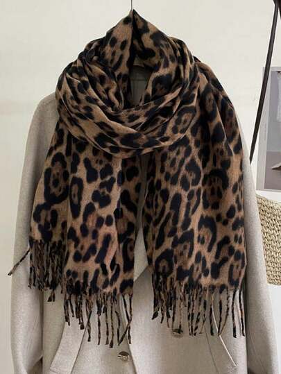 1 pieza Bufanda reversible con estampado de leopardo y cuadros para mujer, con tacto suave de cachemira, cálida y elegante, accesorio de moda para otoño/invierno