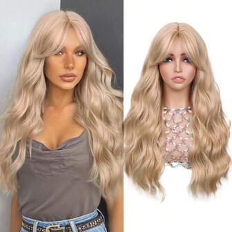 Peluca larga y ondulada de 26 pulgadas con flequillo, de fibra sintética, adecuada para Navidad y uso diario