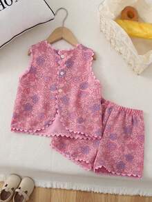Humor Bear 2pcs Young Girls Floral Embroidery Ruffle Top And Shorts Set, Fashionable Summer Outfit - Pink - View 2