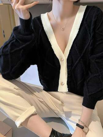 Women's Versatile Minimalist Button-Up Long Sleeve Cardigan, Autumn/Winter