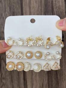 9pairs/Set Fashionable Zinc Alloy Rhinestone Moon & Faux Pearl Decor Stud Earrings For Women For Daily Decoration - Yellow Gold - View 6