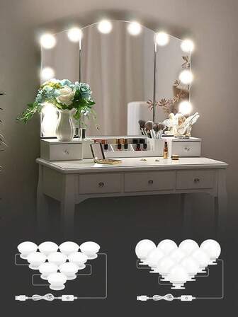 LED化妆镜灯 女士三色触摸感应开关 亮度可调 卧室 衣帽间 专业梳妆灯 无级调光 浴室镜柜 梳妆台 补光灯 USB供电 5V 无频闪 护眼 浴室家居 夜间墙面装饰照明 暖白/冷白/自然白 2/6/10/14灯泡