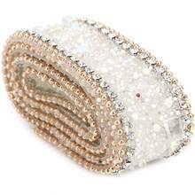 Cadena de Strass con Adhesivoérmico, Cinta de Cristales 2.5cm x 50cm para Manualidades, Vestidos Novia, Bisutería y Decoración, Color Dorado con Cuentas y Piedras Blancas - #01 - Ver 7