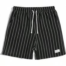 Men's Boho Paisley Print Drawstring Waist Summer Shorts With Pocket - Black Striped - View 1