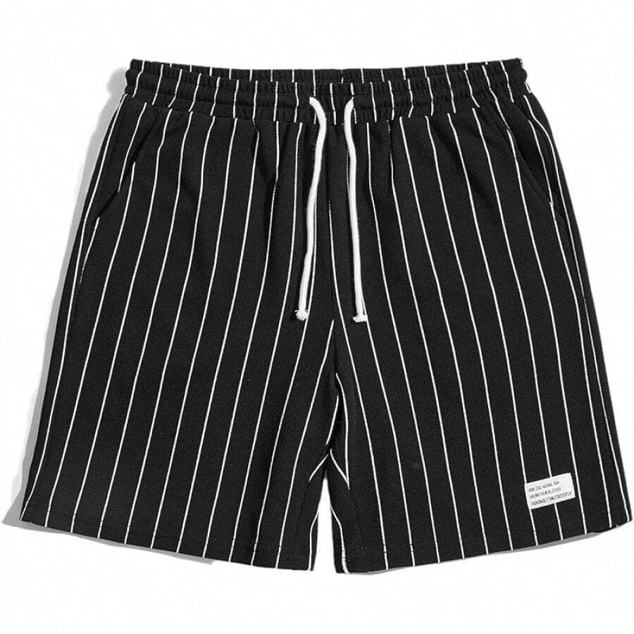 Men's Boho Paisley Print Drawstring Waist Summer Shorts With Pocket - Black Striped - View 1