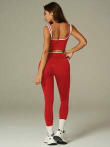 UONNOU Bộ đồ tập thể dục phối màu tương phản Y2K | Quần legging nâng mông và áo ngực thể thao - Đỏ - Xem 12