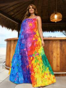 Plus Size Elegant Vacation Butterfly Print Ombre Color Dress - Multicolor - View 4