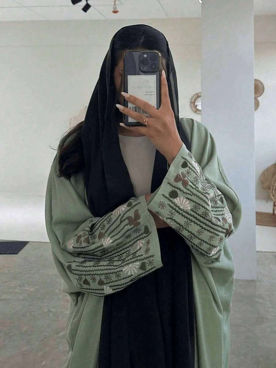 1 Piece Fashion Simple One Size Women Solid Color Middle Eastern Clothing Long Skirt Stylish Elegant Cardigan Floral Cuffs Embroidered Dress Robe Abaya Suitable For Daily And Festival