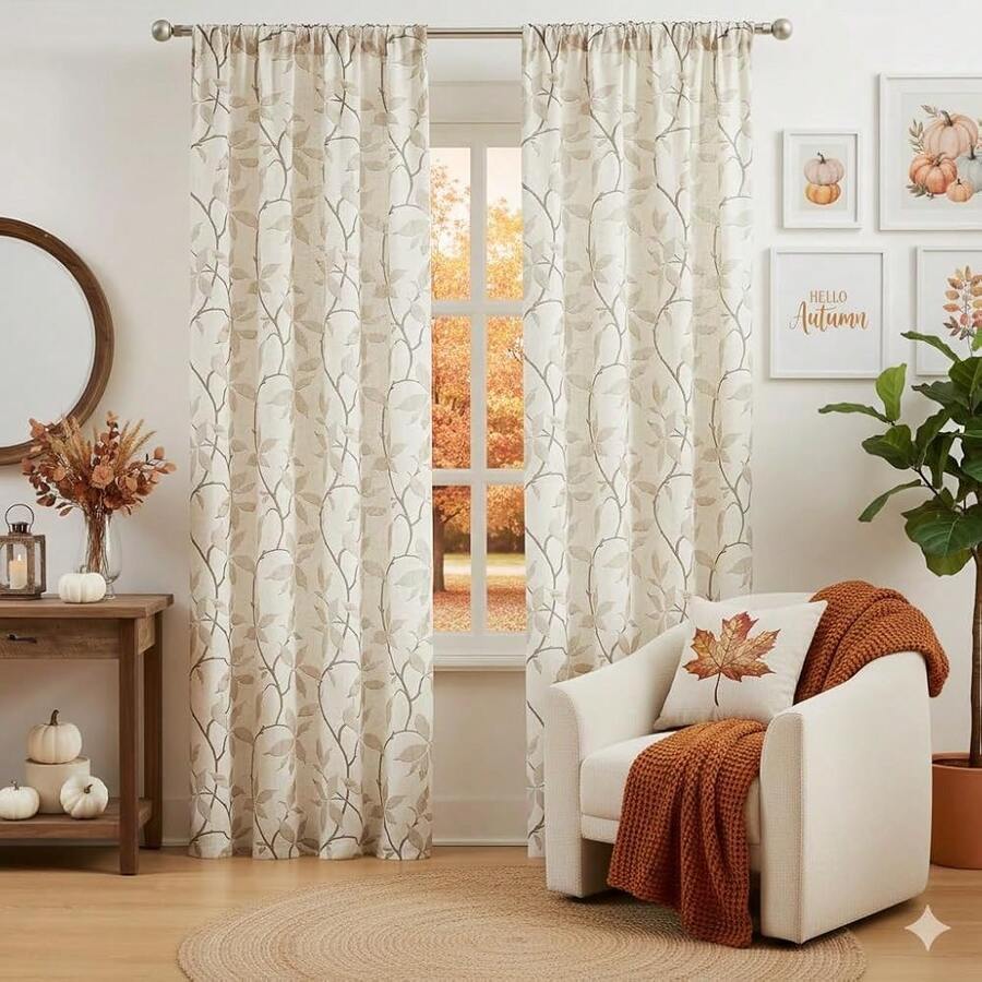 ZJDECOR Tan Leaf Linen Curtain Panels 90 Inches Long For Bedroom Living Room,Semi Sheer Botanical Drape With Brown Tree Branches,Farmhouse Textured Window Treatment With Functional Tape,38\ Wx90 Lx2,38inchWx90inchL(Packof2),TanLeaf/BrownBranch - 棕褐色葉子/棕色枝條 - 查看 1