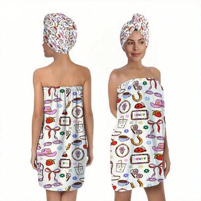 2pcs/Set Modern Multicolor Lifestyle Print Bathrobe & Hair Turban Set, 100% Polyester, Super Soft, Adult Home Bathrobe And Hair Drying Cap, Suitable For Bathroom, Sauna, SPA And Salon Wrap, Women Robe, Daily Decor