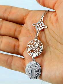 女巫四线图与圣本笃吊坠项链，三重护身符，45厘米不锈钢链，灵性珠宝礼品 - 銀色 - 查看 5