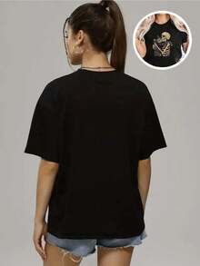 Women's Short-Sleeved T-Shirt, Women's Blouses, Women's Tops, Women's Cotton T-Shirts, Casual Blouses For Ladies With Skull And Cat, Black Blouses. - 黑色 - 查看 5