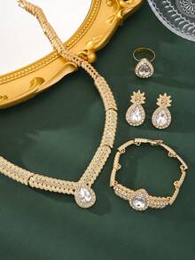 5 件优雅女士 14K 镀金首饰套装雪花花朵水滴水钻简约可爱项链手链戒指耳环珠宝母亲节礼物带礼盒情人节、妈妈、母亲、母亲节、礼物