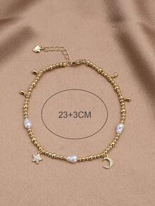 1 pieza Tobillera con diseño de estrella y luna de perla natural chapada en oro de 18K para mujeres - Amarillo Oro - Ver 4