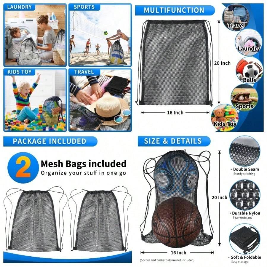 2 bolsas de malla con cordn de 16x 20 pulgadas, bolsas de red de nailon resistente, mochila de malla duradera para gimnasio, senderismo, natacin, ftbol, baloncesto, playa, juguetes de - inicial - Ver 1