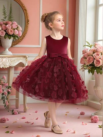 Young Girls Elegant Round Neck Bow Floral Mesh Princess Dress, Suitable For Birthday, School Dance, Flower Girl Wedding, Does Not Include Headband