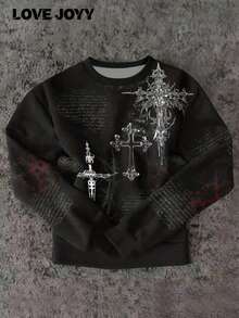 Sudadera con cuello redondo cómoda con logo vintage de cruz oscura Y2K para mujer de LOVE JOYY, adecuada para salidas y reuniones