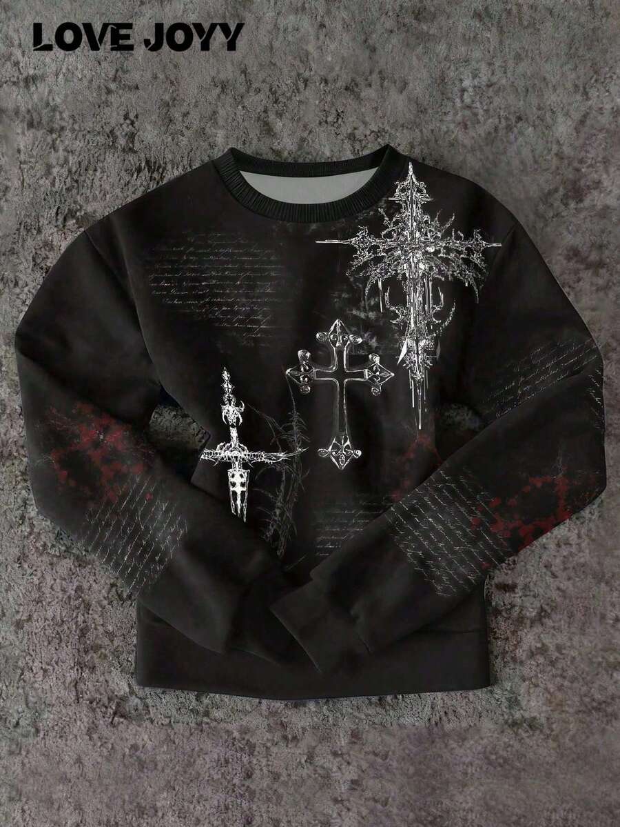 Sudadera con cuello redondo cómoda con logo vintage de cruz oscura Y2K para mujer de LOVE JOYY, adecuada para salidas y reuniones