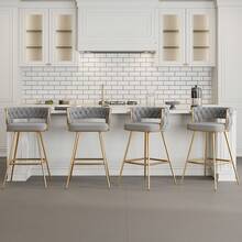 VECELO Set Of 4 Grey PU Leather Bar Stool With Electroplated Metal Frame – 34-Inch Tall Bar Chair With Footrest, For Kitchen Island And Home Bar - Grey - View 9