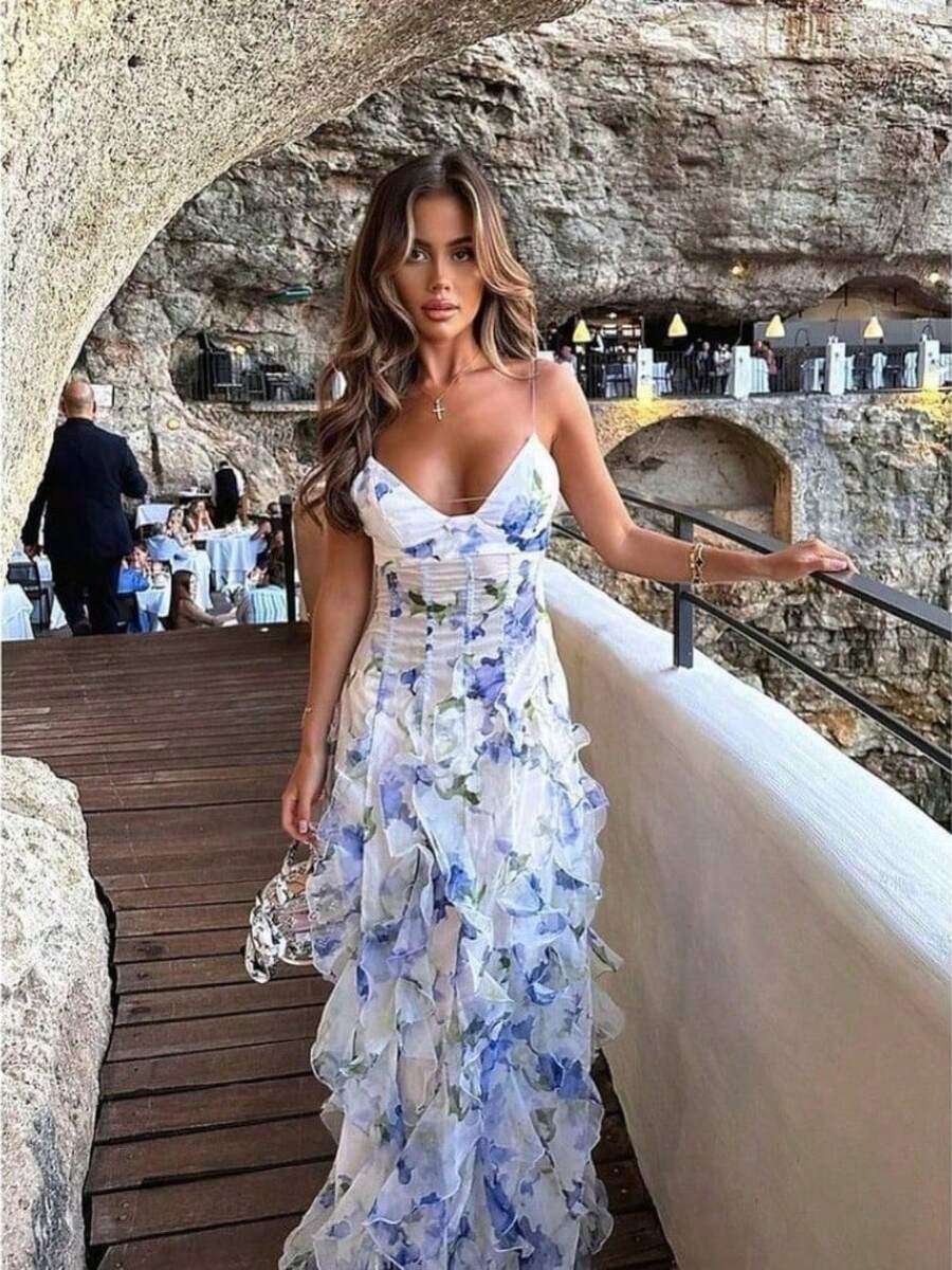 Summer New Printed Lotus Leaf Edge Dress For Women - 白色 - 查看 1