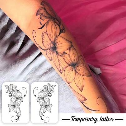 2 Packs Temporary Tattoo Stickers, 1 Regular Design & 1 Herbal Design, Both Feature Delicate Black Line Art Depicting Realistic Lily Flower Patterns, Suitable For Parties, Weddings And Special Occasions. Floral Themed Temporary Tattoos, Party Accessories, Naturally Inspired Design.
