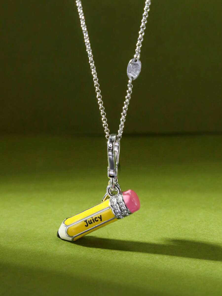 1pc Fashionable Zirconia Crystal Letter Enamel Pendant Necklace, Elegant Party Jewelry For Women, Unique Design For Handbag, Keychain, Girlfriend Gift, Christmas Gift, Valentine's Day Gift, Mother's Day Gift - 3D Pencil Pendant Necklace - View 1